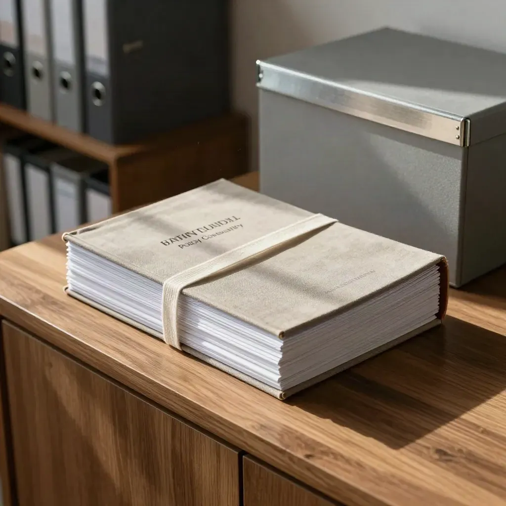 Bundel standpunten, ledenfiches en archiefdoos op een warme houten kast in zacht namiddaglicht.
