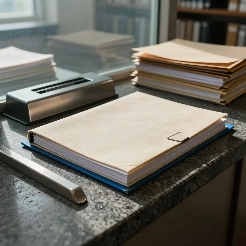 Donkere stenen plint met briefingmap, paperweight en postbak in een sfeervolle beleidsruimte.