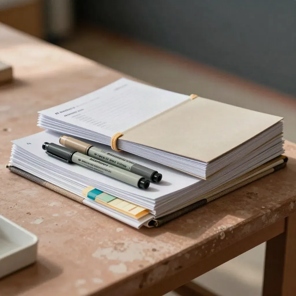 Workshopkit met blanco cue cards, markers en gesloten modules op een terracotta werkbank.