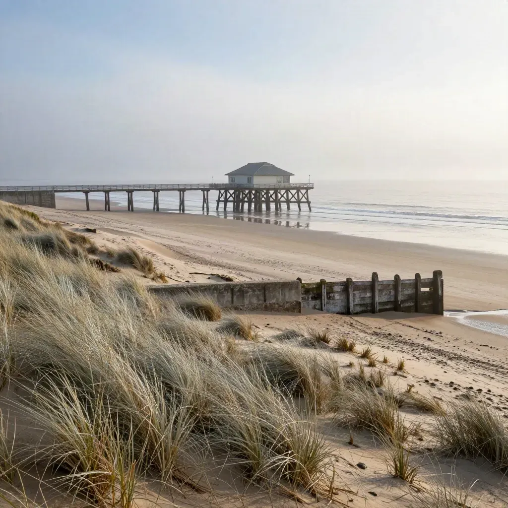 De Pier van Scheveningen in ochtendmist boven duinen en een rustige zeewering